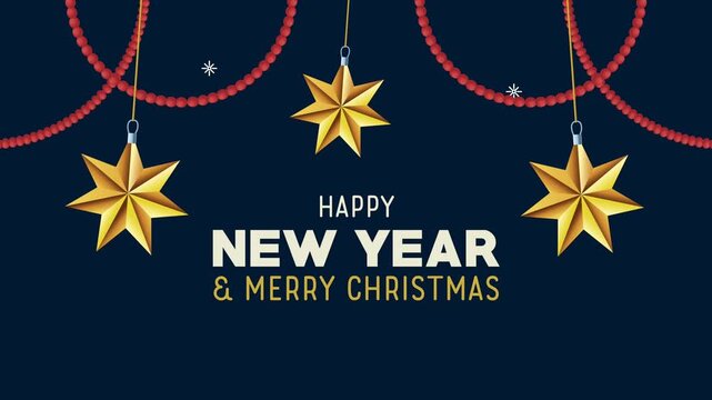 Happy New Year and Merry Christmas animated graphic with golden stars, red bead garlands, and festive snowflakes on dark blue.