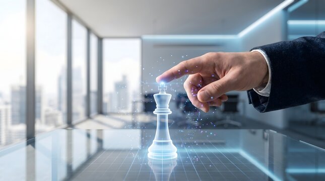 Businessman moving a glowing digital chess king piece on a virtual board