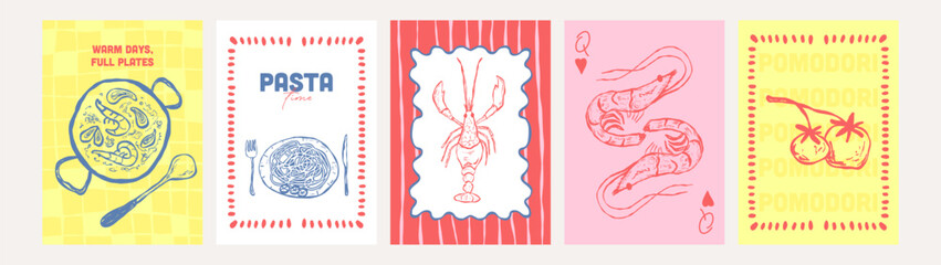 Mediterranean food poster collection with hand-drawn pasta, lobster and shrimp illustrations and bold typography on yellow and pink backgrounds for kitchen decor, restaurant wall art, cards, menus etc © Eugenia
