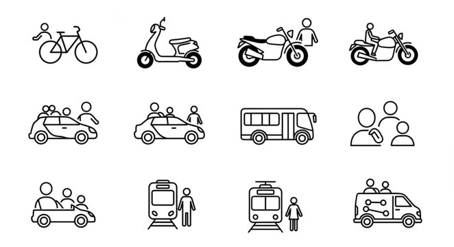 Set of Icons Representing Various Modes of Transportation and People.