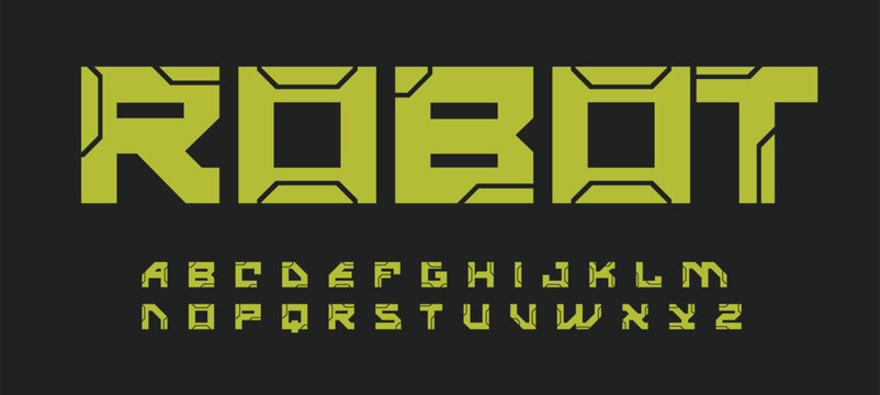 Modern robotic alphabet. Futuristic Geometric font for modern innovation design, futuristic logo, headline, monogram, creative lettering and typography in game or cinema. Vector Font