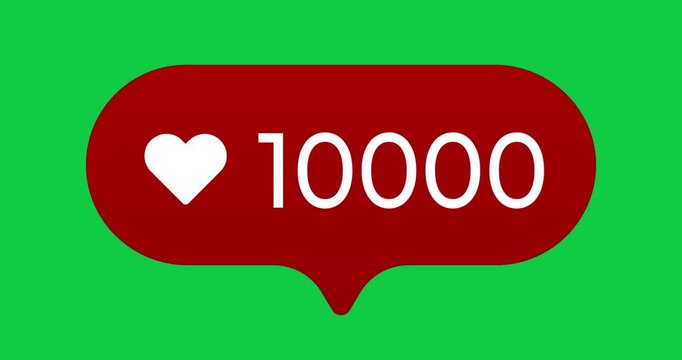 Social media like counter animation with heart icon and numbers increase from 0 to 10000, red speech bubble on green screen chroma key background