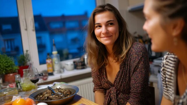 Portuguese language student conversing with host mother while preparing dinner in Porto apartment kitchen, immersion learning materials scattered on table, twilight blue hour throu
