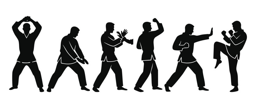 Martial arts silhouette fighter collection, set of karate poses and self defense movements in black vector isolated on white background for sports training graphics, fitness combat and discipline conc