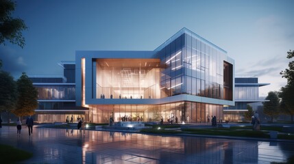 Obraz premium Sleek glass library or museum building with illuminated interior and reflective plaza ground.