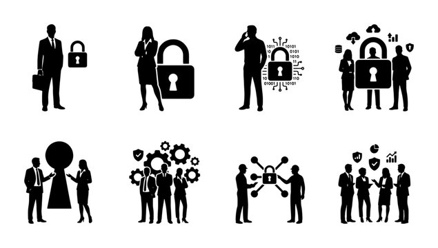 Business Security Icons: Corporate Protection, Data Privacy, Team Collaboration, Digital Safety, Network Access, Confidentiality, Secure Communication