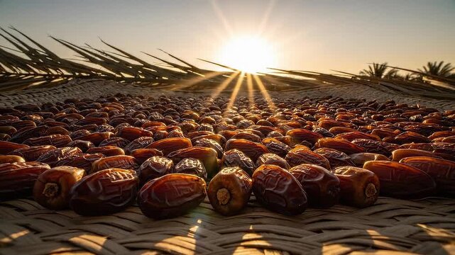 Date palm mats are laid out under the sun. Dates are spread evenly for drying. The process captures changes as sunlight enhances the drying process throughout the day.