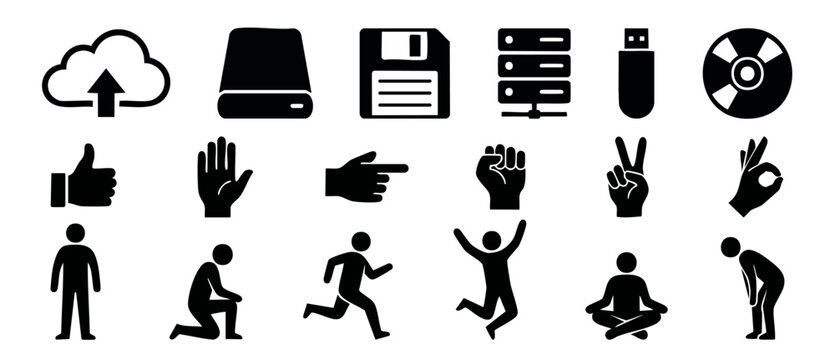 Data Storage and Human Action Icon Set, Black Vector Pictograms for UI Design, Computing Symbols, Gesture Signs and Activity Poses for Infographics, Business Presentation Elements, Web App Graphics