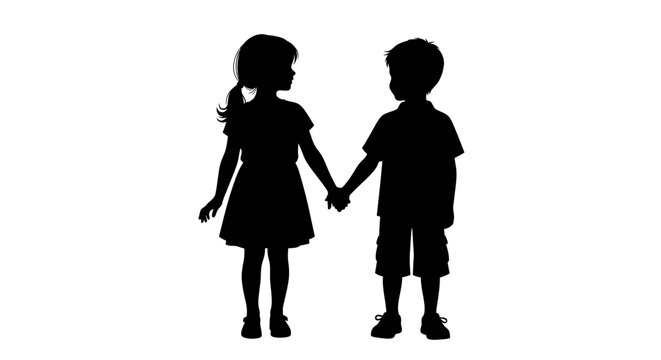 children holding hands silhouette on white background
