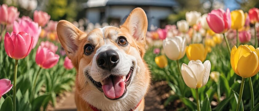 Black nose of welsh corgi pembrok funny dog in spring flowers pink, white and yellow tulips. spring and summer blooming and allergy season. High quality photo