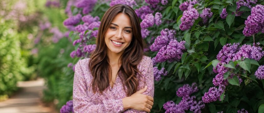 Smiling woman standing against lilac bush