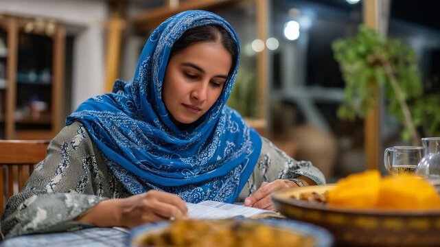 Ramadan evening scene with Muslim woman entrepreneur reviewing microfinance group lending documents while preparing iftar meal, faith-integrated business community development, ide