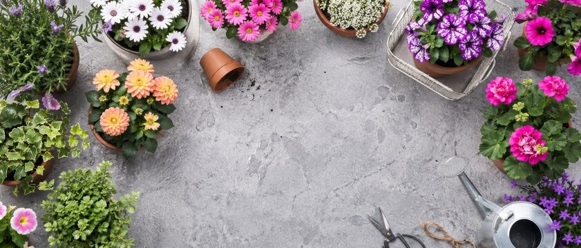 Various flowers in pots for summer gardening on gray stone background, top view composing