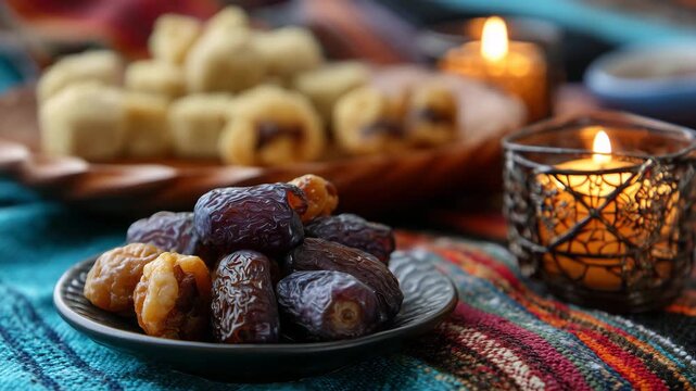 Ramadan preparation scene with dates and traditional sweets arranged on handwoven textiles, candlelit evening ambiance, cultural celebration food styling overhead perspective, perf