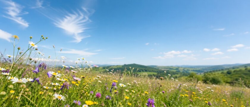 Colorful natural flower meadows landscape with blue sky in summer. Habitat for insects, wildflowers and wild herbs on a flower field. Background panorama with short depth of focus and space for text.