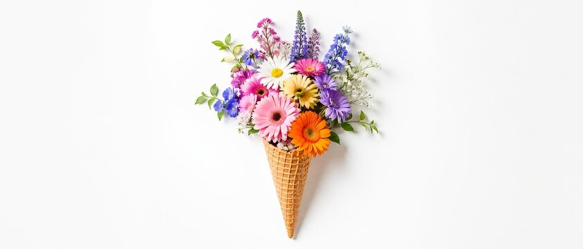 Ice cream cone with colorful flowers on white background. Flat lay. Minimal summer concept.