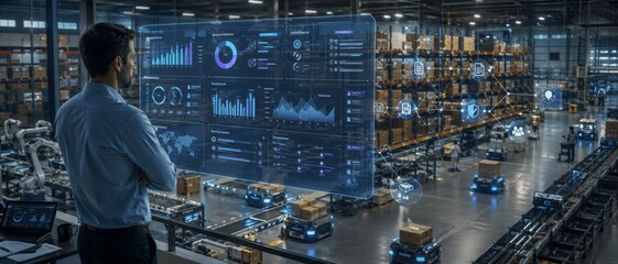 Fototapeta na wymiar A small business owner compares supplier performance in real time in a warehouse control room above automated aisles, while workflow bots update approvals, contracts, and resource plans.