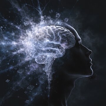 Purple brain explosion in human head silhouette