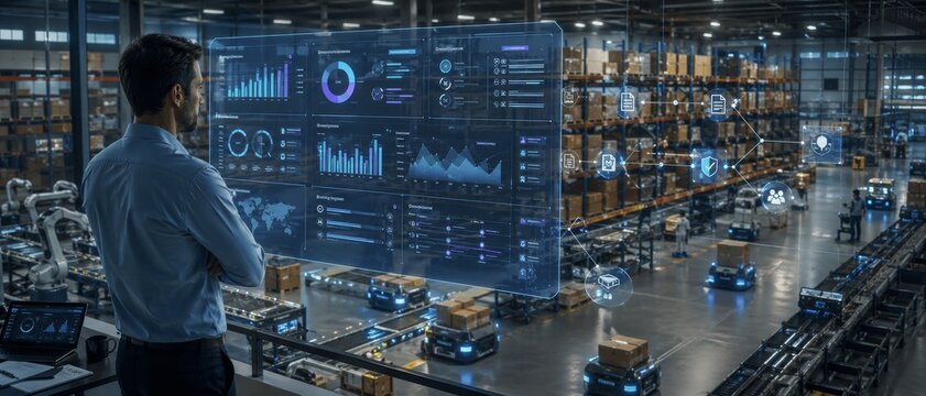 A small business owner compares supplier performance in real time in a warehouse control room above automated aisles, while workflow bots update approvals, contracts, and resource plans.
