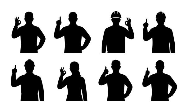 Silhouette Figures Set: Construction Workers, Professionals, Diverse Poses, OK Sign, Pointing Up, Vector Icons for Business, Safety, and Teamwork Concepts