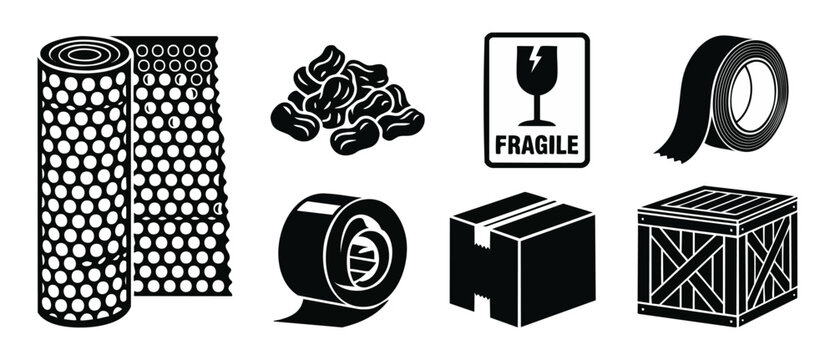 Packaging logistics icons set, shipping delivery materials, cardboard box, bubble wrap, adhesive tape, wooden crate and fragile label, storage supply equipment vector collection for transportation ind