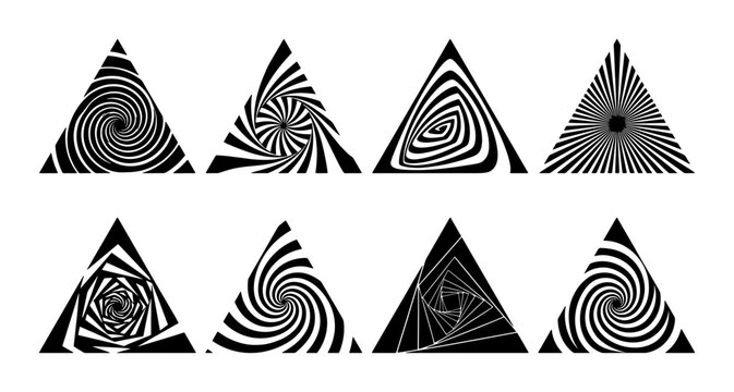 Abstract Optical Illusion Triangles, Psychedelic Swirl Patterns, Geometric Op Art Elements, Black and White Hypnotic Shapes