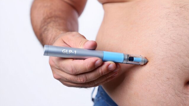 GLP-1 injection pen used for weight loss and metabolic therapy, close up of obesity treatment medication device applied to abdomen, modern injectable drug for diabetes management and metabolic health