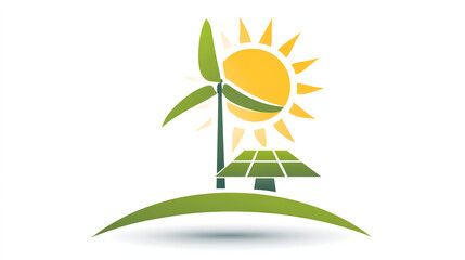 Fototapeta premium Clean and Renewable Energy Concept Illustration Featuring a Green Wind Turbine, Solar Panel, and Bright Sun on a Minimalist Landscape Representing Sustainable Environmental Solutions and Ecology.