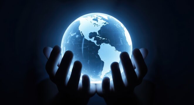 Silhouetted hands cradling a glowing blue globe in darkness