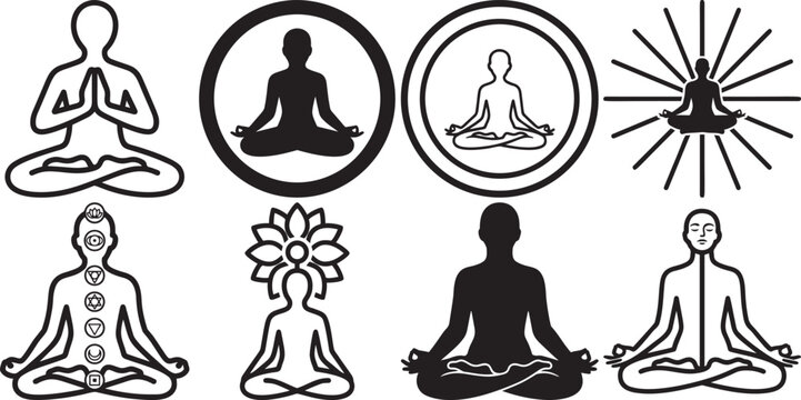 Set of yoga meditation poses in various styles for wellness and relaxation designs.