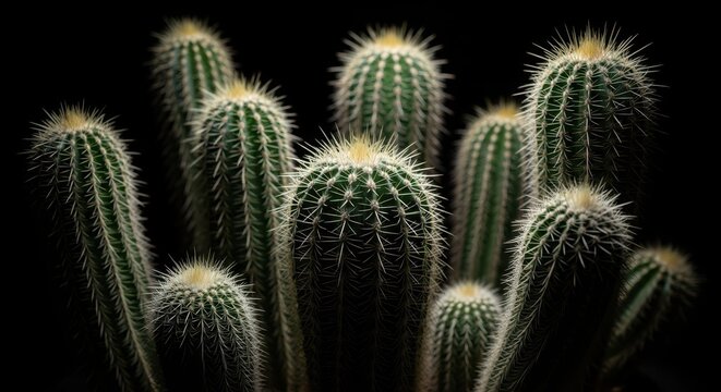Close-up of multiple green cacti with sharp white spines on a black background
