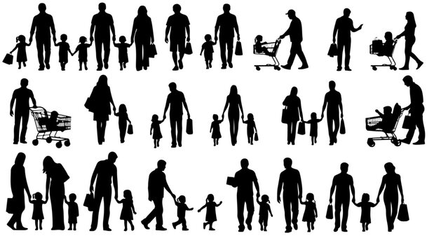 Diverse people silhouette collection showing shopping families with child figures in different poses, urban lifestyle vector set.