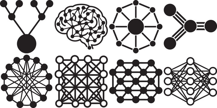Set of black neural network and data structure diagrams on transparent background.
