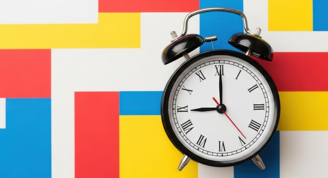 Vintage black alarm clock on colorful geometric background