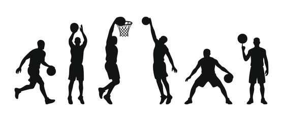Basketball player silhouettes set showing various game actions like dribbling, jumping, dunking, and shooting. Collection of professional sports movements for graphic design projects and athlete icono © Fernando