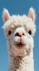 Fototapeta premium Fluffy white alpaca with large expressive eyes captured in a low angle point of view against a clear blue sky, showcasing its soft fur and unique facial features