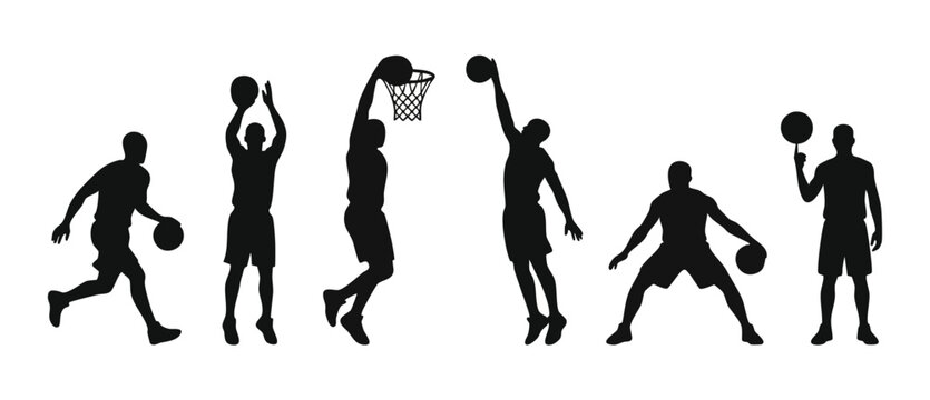 Basketball player silhouettes set showing various game actions like dribbling, jumping, dunking, and shooting. Collection of professional sports movements for graphic design projects and athlete icono