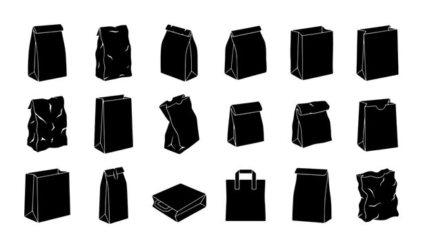 Black Paper Bag Icons, Vector Set: Lunch, Grocery, Shopping, Gift Packaging, Food Delivery, Takeaway Containers, Merchandise Bags