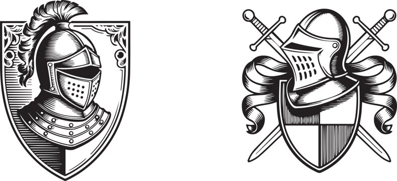 Coat of arms crest knight family medieval shield heraldry heraldic armorial motif. Featuring a knights helm helmet in a vintage etching engraving woodcut style. Silhouette vector illustration