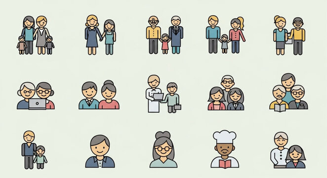 Collection of Diverse Family Icons Representing Different Generations and Lifestyles.