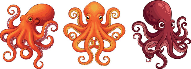 Cartoon octopus vector illustration set featuring colorful orange and red sea creatures with detailed tentacles marine animal design © MstTanzila