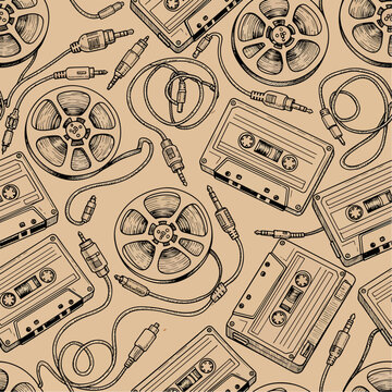 Detailed seamless pattern illustration of cassette tapes, audio reels, and connecting cables