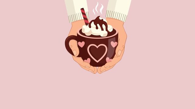 Two Hands Holding a Large Chocolate Mug with Whipped Cream and Hearts