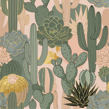 Detailed illustration of various desert cacti and succulents in a seamless pattern design