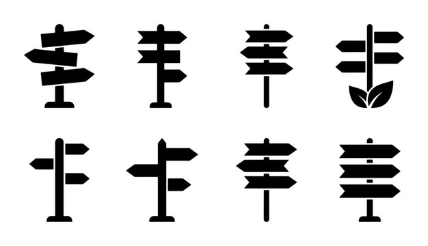 Directional Signpost Icons Set, Navigation Arrows, Crossroads Guidance, Information Posts, Vector Graphics for Choice and Decision Making