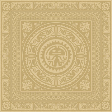 Vector gold native american folk ornament. Square pattern, scarf of the peoples of America, Aztec, Incas, Maya