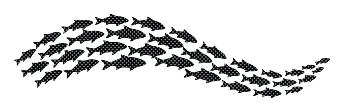 Silueta de cardumen de peces en movimiento, ilustraci&oacute;n vectorial monocrom&aacute;tica de peces nadando en formaci&oacute;n, dise&ntilde;o din&aacute;mico de vida marina para fondos y gr&aacute;ficos acu&aacute;ticos