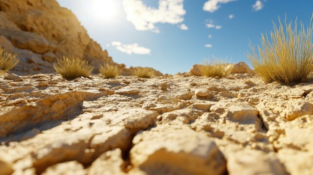 Arid desert landscape featuring stone outcrops and dry vegetation with cracked sediment layers under a dusty atmospheric sky