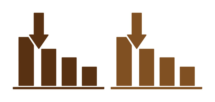 Gr&aacute;fico de barras con flecha descendente, concepto de disminuci&oacute;n de datos. Icono de vector plano para an&aacute;lisis financiero y presentaciones de negocios.