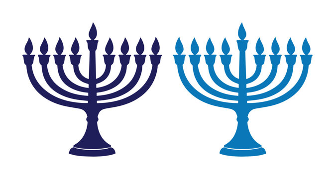 Menor&aacute; de Januc&aacute;, s&iacute;mbolo jud&iacute;o de nueve brazos, candelabro tradicional para celebraciones, vector azul oscuro y azul claro